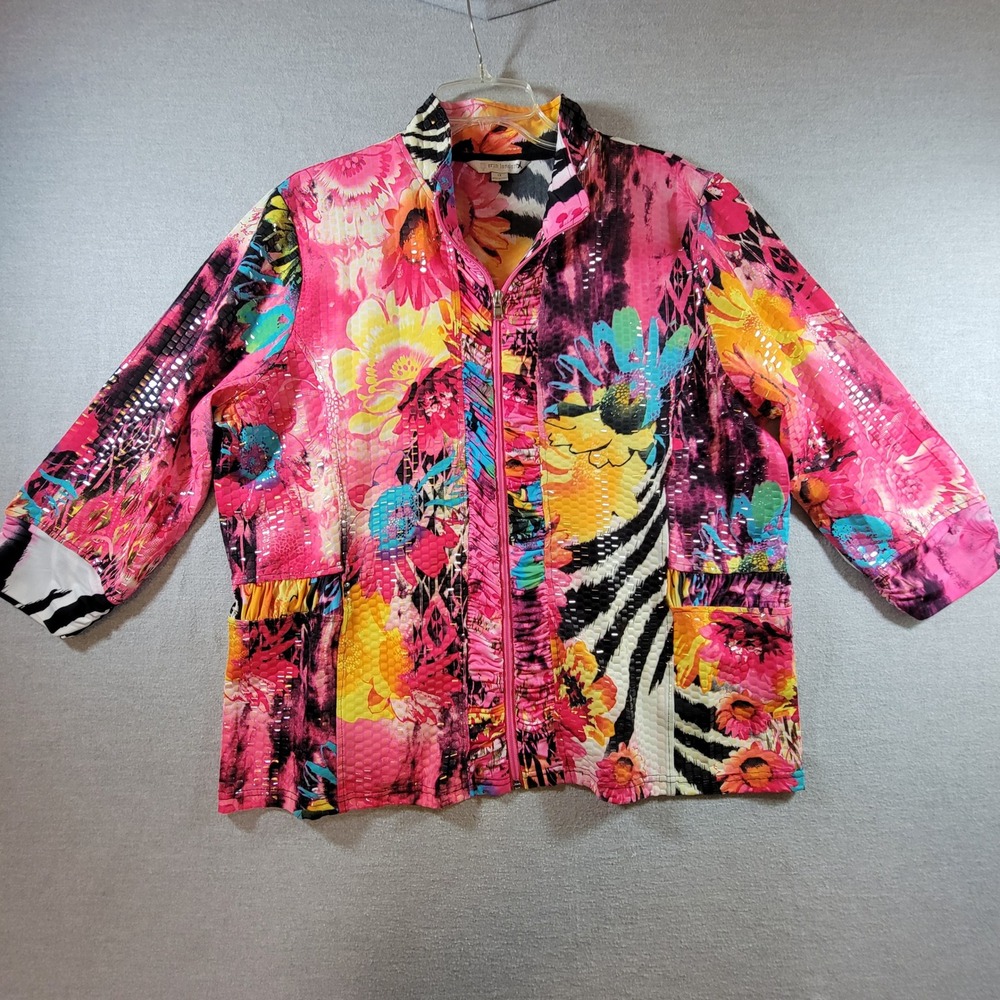 Erin London Jacket Womens 1X Pink Excellent Sequin Floral Zebra Zip Up Mock Neck